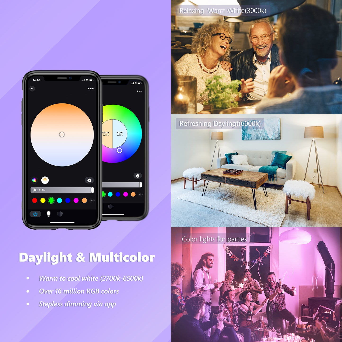 Vanance Smart Light Bulbs, WiFi & Bluetooth 5.0, App Control, Color Changing LED Bulb, A19 E26 800LM Dimmable RGB Lights, 2700~6500K, Smart Home Lighting Works with Alexa Google Assistant